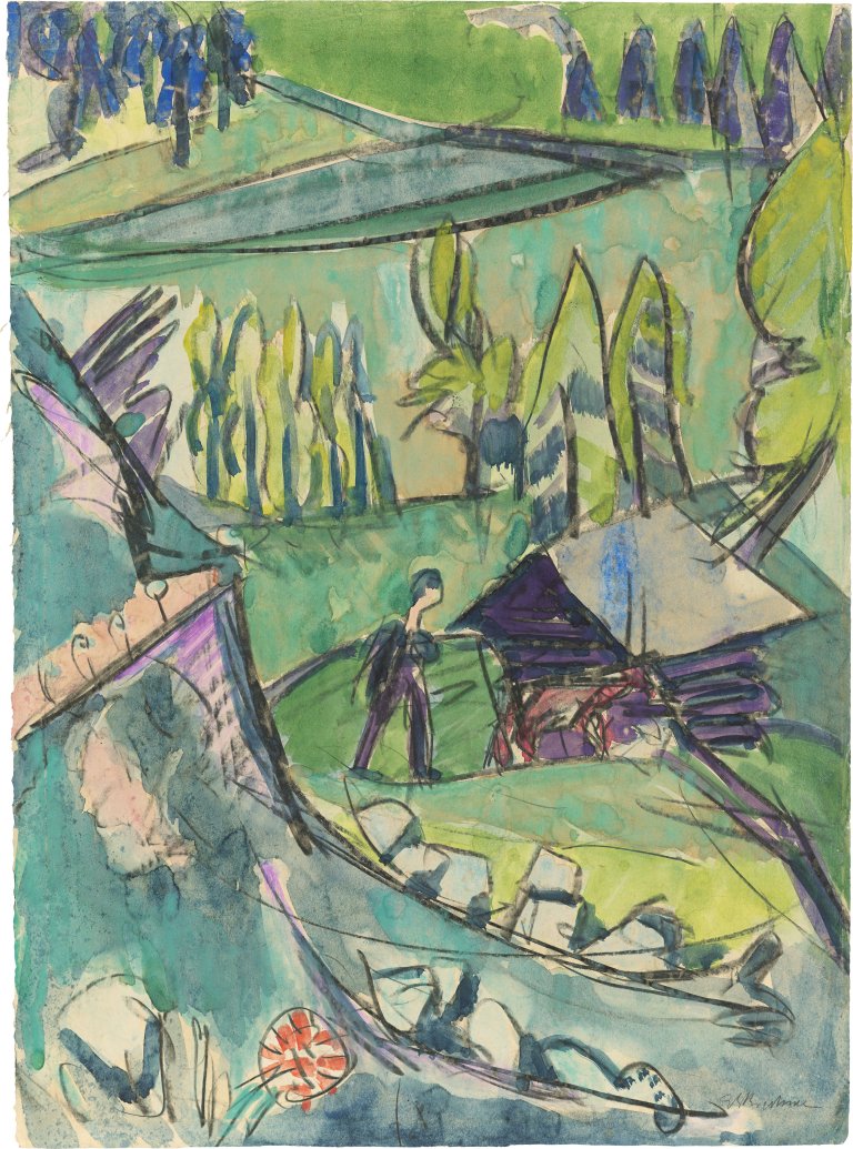 Auf diesem Bild ist das folgende Kunstwerk zu sehen: Ernst Ludwig Kirchner. Voralpenlandschaft (Davos). Um 1919.