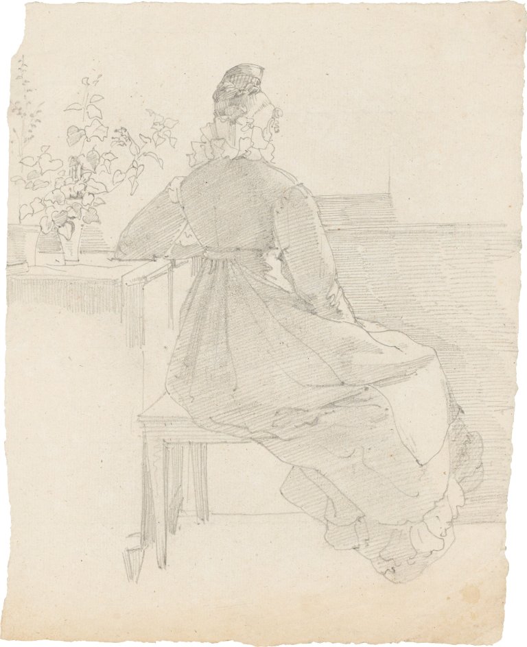 Auf diesem Bild ist das folgende Kunstwerk zu sehen: Ernst Fries. Rückenansicht einer sitzenden Frau auf dem Balkon.