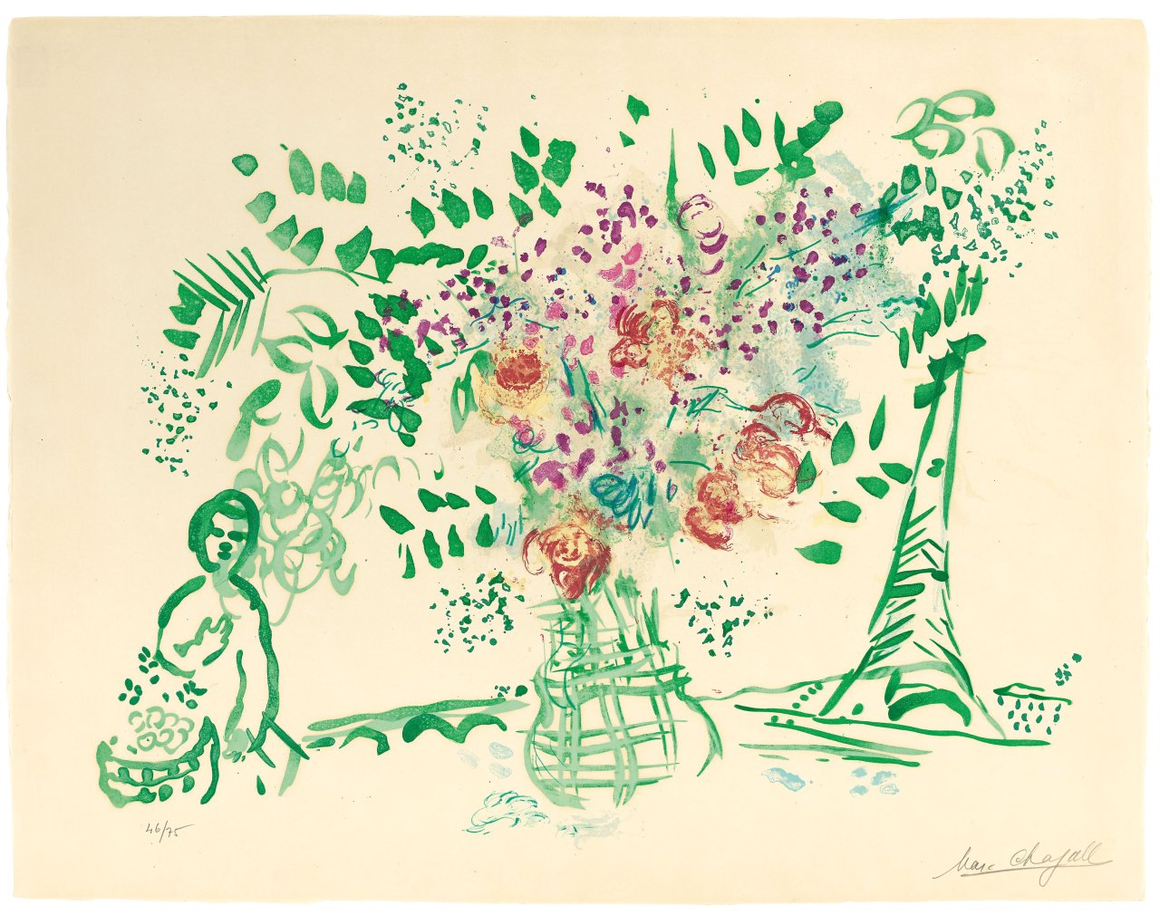 Auf diesem Bild ist das folgende Kunstwerk zu sehen: Marc Chagall. „Le bouquet vert et violet“. 1959.