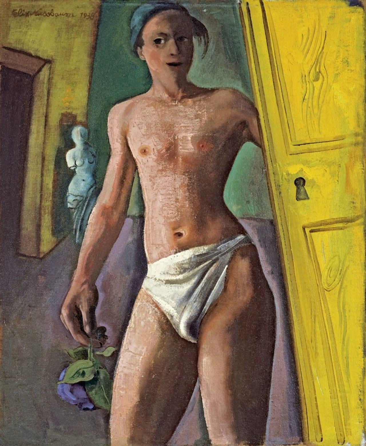 Auf diesem Bild ist das folgende Kunstwerk zu sehen: Felix Nussbaum. „Mann mit Blume (Modell im Atelier)“. 1938.