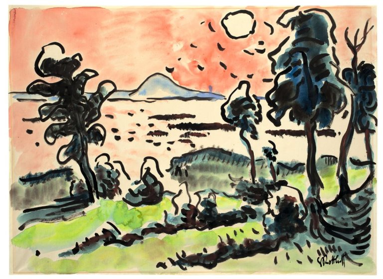 Auf diesem Bild ist das folgende Kunstwerk zu sehen: Karl Schmidt-Rottluff. Haffufer mit Bäumen. 1934/35.