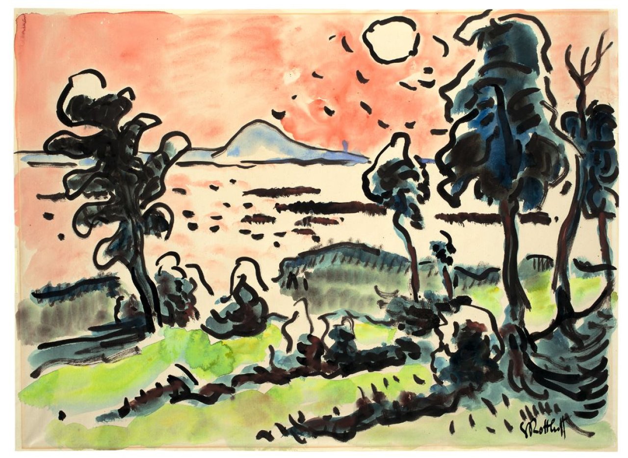 Auf diesem Bild ist das folgende Kunstwerk zu sehen: Karl Schmidt-Rottluff. Haffufer mit Bäumen. 1934/35.