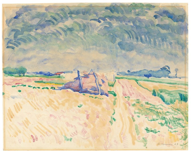 Auf diesem Bild ist das folgende Kunstwerk zu sehen: Heinrich Nauen. Landschaft mit Weg und Haus. 1909.