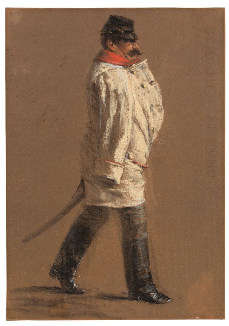 Auf diesem Bild ist das folgende Kunstwerk zu sehen: Adolph Menzel. Österreichischer Offizier („Suprematie-Österreicher“). Um 1853/54.