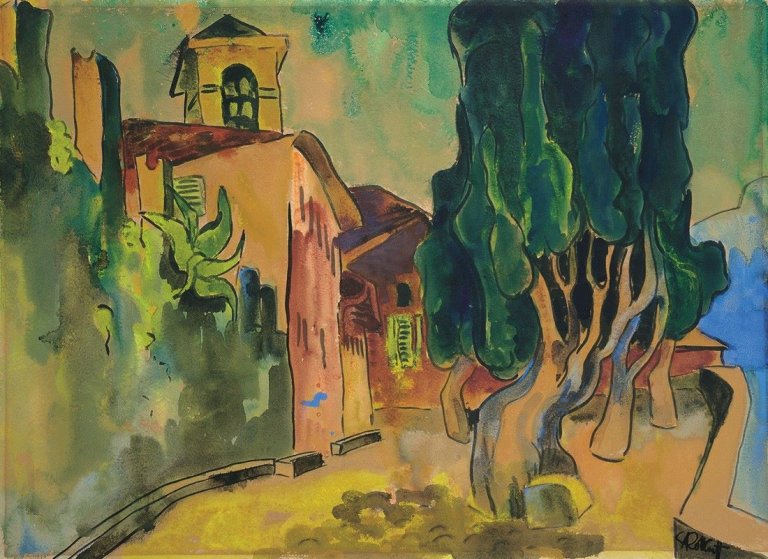 Auf diesem Bild ist das folgende Kunstwerk zu sehen: Karl Schmidt-Rottluff. "Cypressen in Brissago". Um 1927.