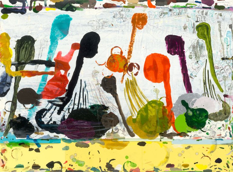 Auf diesem Bild ist das folgende Kunstwerk zu sehen:  Tal R (d.i. Tal Rosenzweig). „Coming from Rocks No. 18“. 2001.