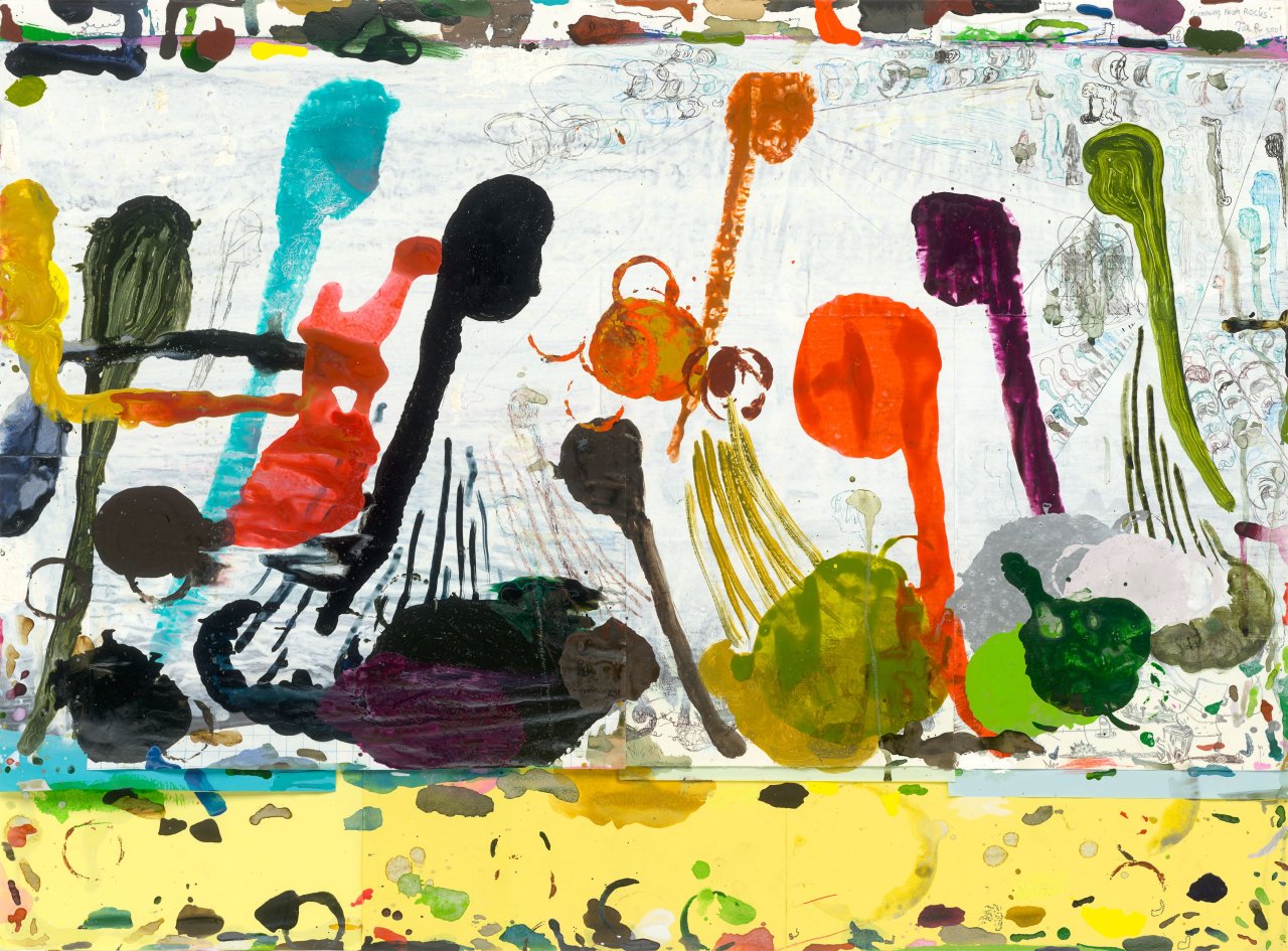 Auf diesem Bild ist das folgende Kunstwerk zu sehen:  Tal R (d.i. Tal Rosenzweig). „Coming from Rocks No. 18“. 2001.