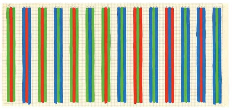 Auf diesem Bild ist das folgende Kunstwerk zu sehen: Bridget Riley. „Study for Pean: GRG to BGB“. 1973.