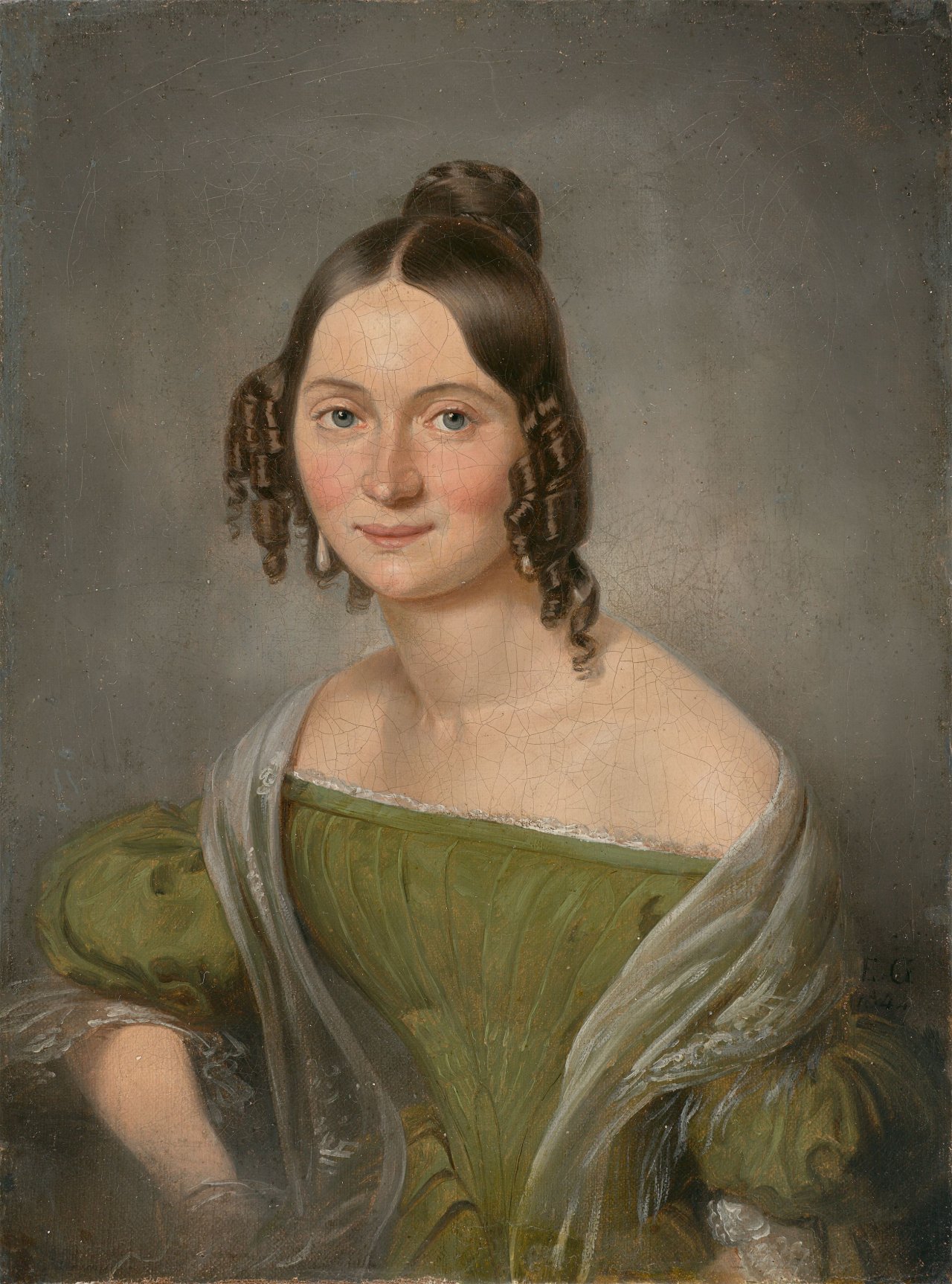 Auf diesem Bild ist das folgende Kunstwerk zu sehen: Eduard Gaertner. Porträt einer jungen Berlinerin. 1844.