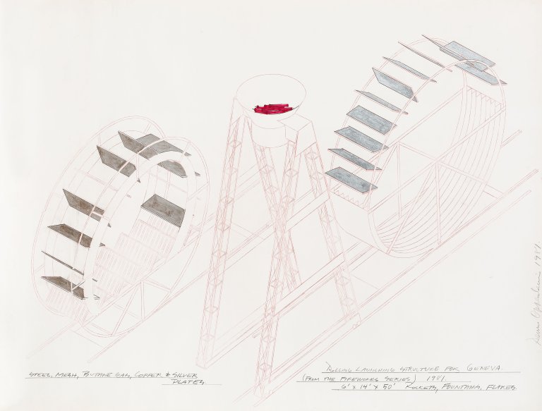 Auf diesem Bild ist das folgende Kunstwerk zu sehen: Dennis Oppenheim. „Rolling Launching Structure for Geneva. (From the Fireworks Series)“. 1981.