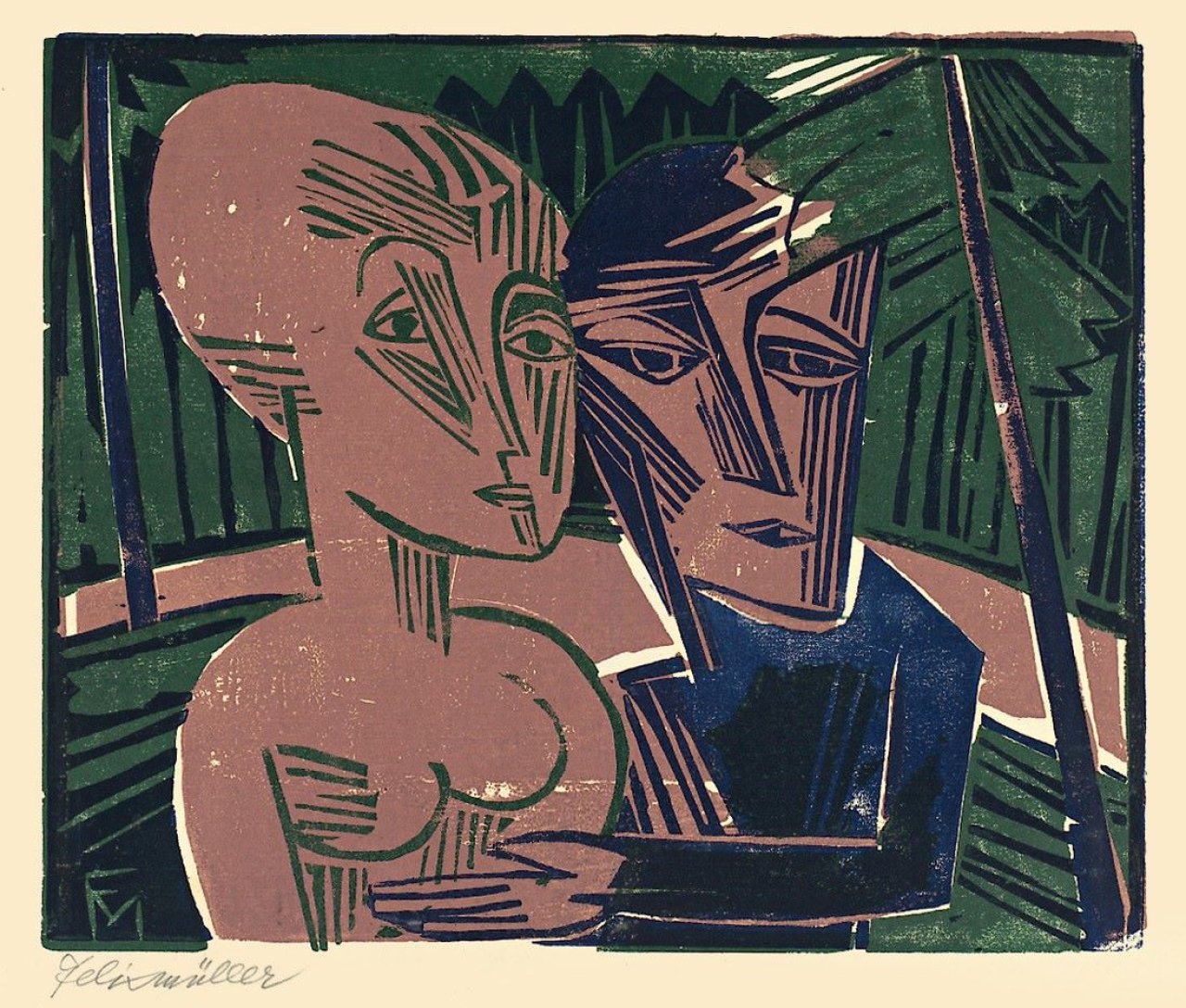 Auf diesem Bild ist das folgende Kunstwerk zu sehen: Conrad Felixmüller. „Menschen im Wald (Paar im Wald)“. 1918.