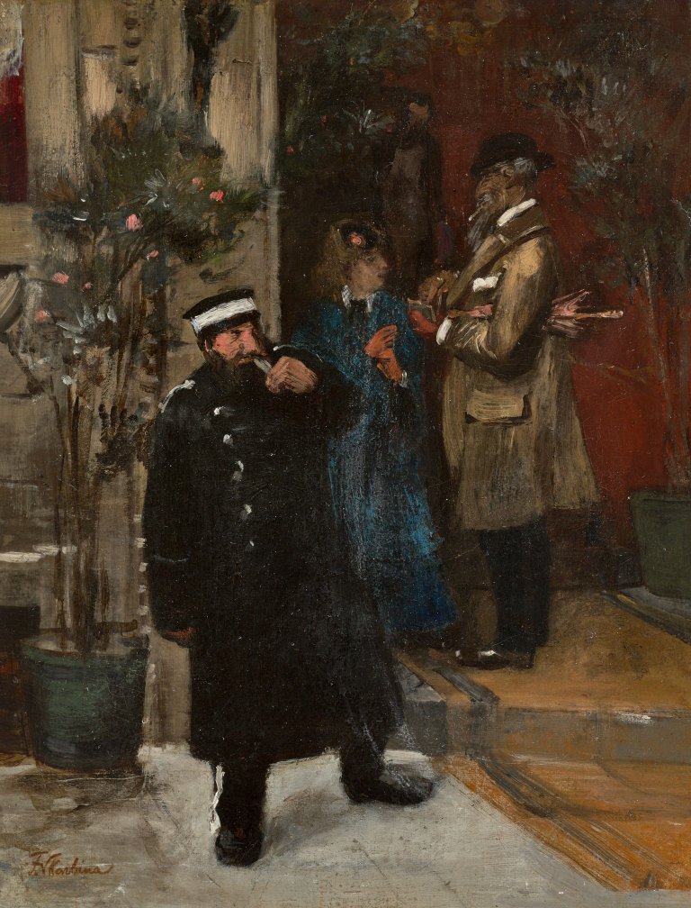 Auf diesem Bild ist das folgende Kunstwerk zu sehen: Franz Skarbina. Vor dem Hôtel.