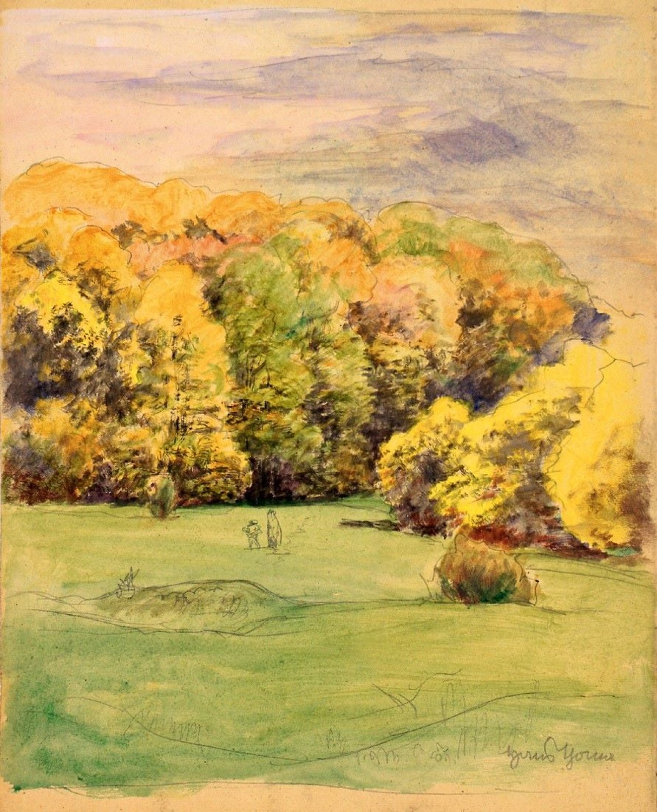 Auf diesem Bild ist das folgende Kunstwerk zu sehen: Hans Thoma. Herbstlicher Wald – Landschaftsstudie mit Figuren.