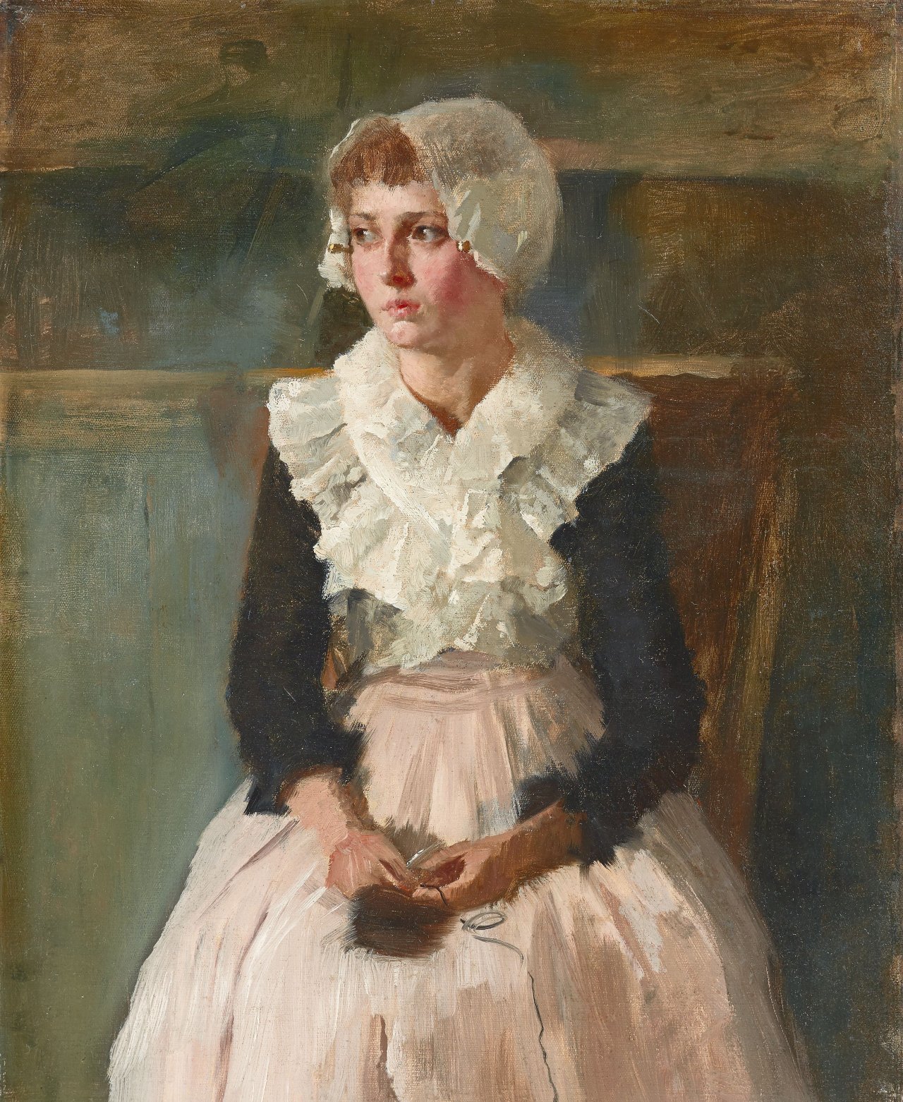 Auf diesem Bild ist das folgende Kunstwerk zu sehen: Carl Bantzer. Porträt der Gattin Claire Bantzer in holländischer Tracht. Um 1885.