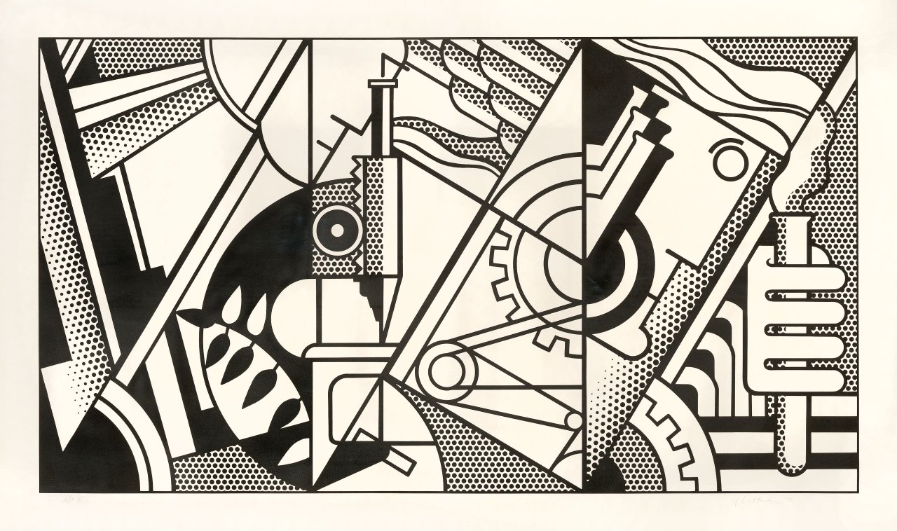 Auf diesem Bild ist das folgende Kunstwerk zu sehen: Roy Lichtenstein. „Peace through Chemistry III“. 1970.