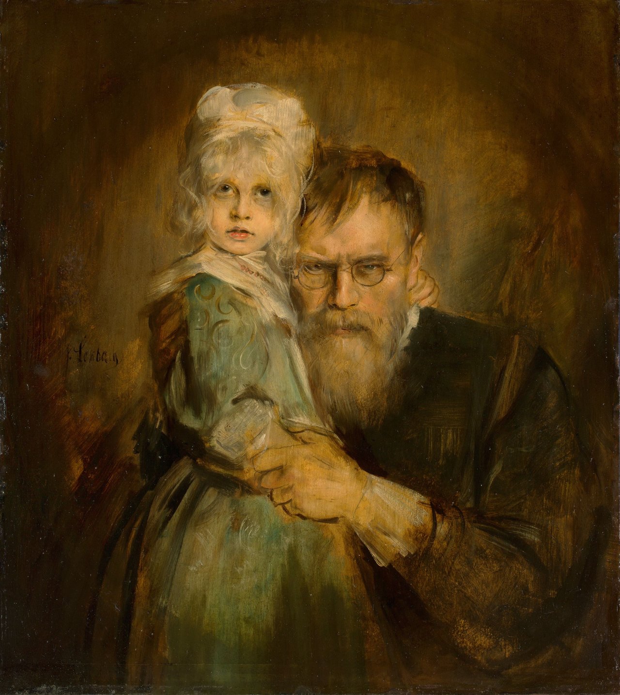 Auf diesem Bild ist das folgende Kunstwerk zu sehen: Franz von Lenbach. Selbstbildnis mit Tochter Marion. Um 1900.