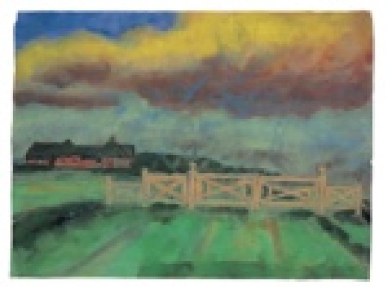 Auf diesem Bild ist das folgende Kunstwerk zu sehen: Emil Nolde. „Noldes Bauernhof Seebüll und ein Gatter“. Um 1940.
