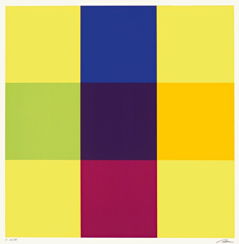 Auf diesem Bild ist das folgende Kunstwerk zu sehen: Richard Paul Lohse. „Horizontal- und Vertikalpositionen aus Extrem- und Nachbarfarben“ / „Fünfzehn ineinandergehende systematische Farbreihen in vier Gruppen“. 1975.