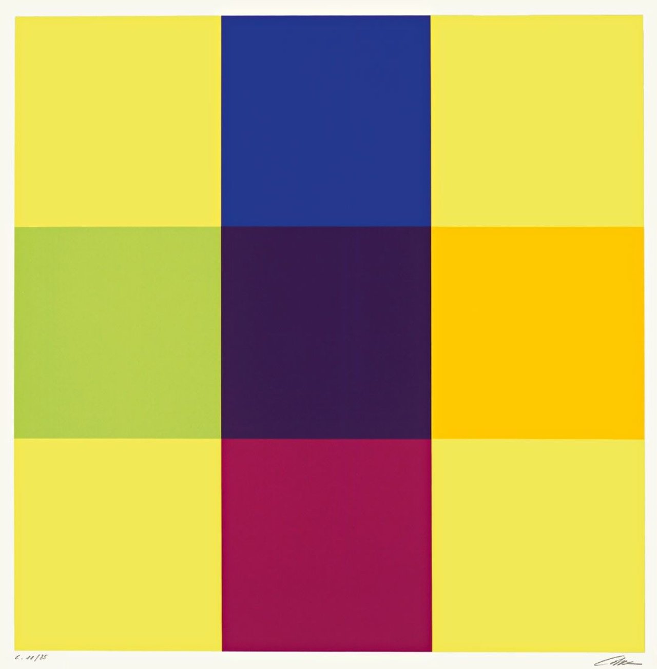 Auf diesem Bild ist das folgende Kunstwerk zu sehen: Richard Paul Lohse. „Horizontal- und Vertikalpositionen aus Extrem- und Nachbarfarben“ / „Fünfzehn ineinandergehende systematische Farbreihen in vier Gruppen“. 1975.