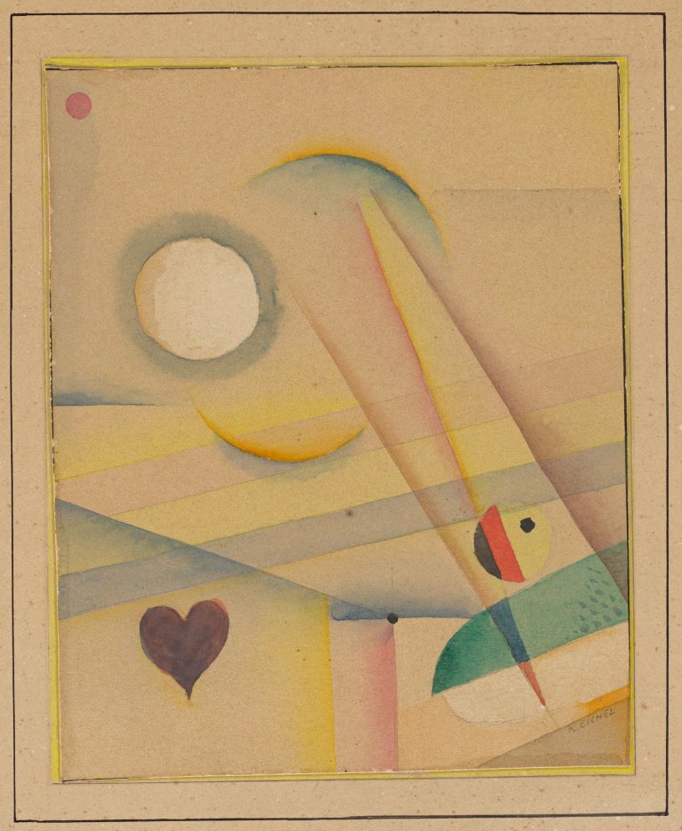 Auf diesem Bild ist das folgende Kunstwerk zu sehen: Hans Reichel. Abstrakte Komposition mit Mond und Herz. Um 1923.