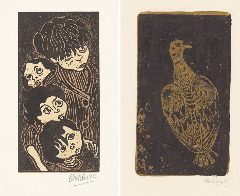 Auf diesem Bild ist das folgende Kunstwerk zu sehen: Otto Pankok. „Lauschende Kinder“ / „Taube“. 1947 bzw. 1952.