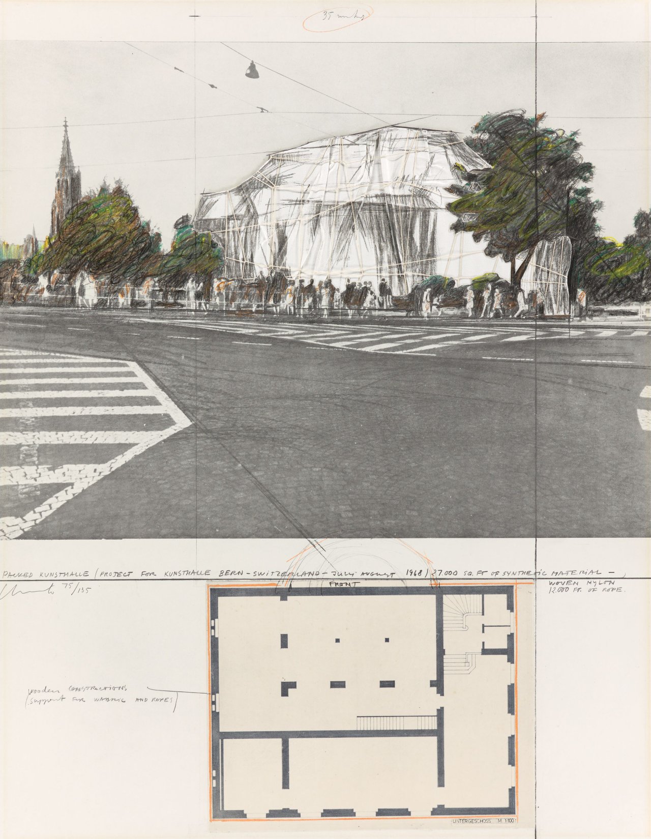 Auf diesem Bild ist das folgende Kunstwerk zu sehen:  Christo. „Verpackte Kunsthalle Bern, Projekt“. 1972.