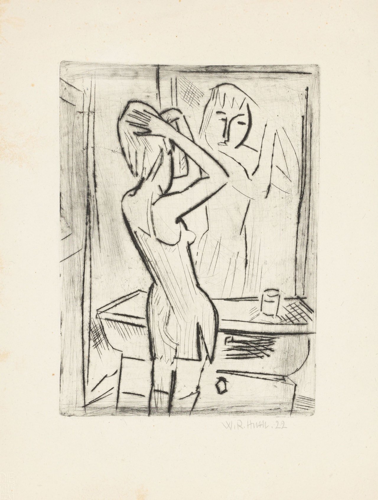 Auf diesem Bild ist das folgende Kunstwerk zu sehen: Willy Robert Huth. Am Spiegel. 1922.