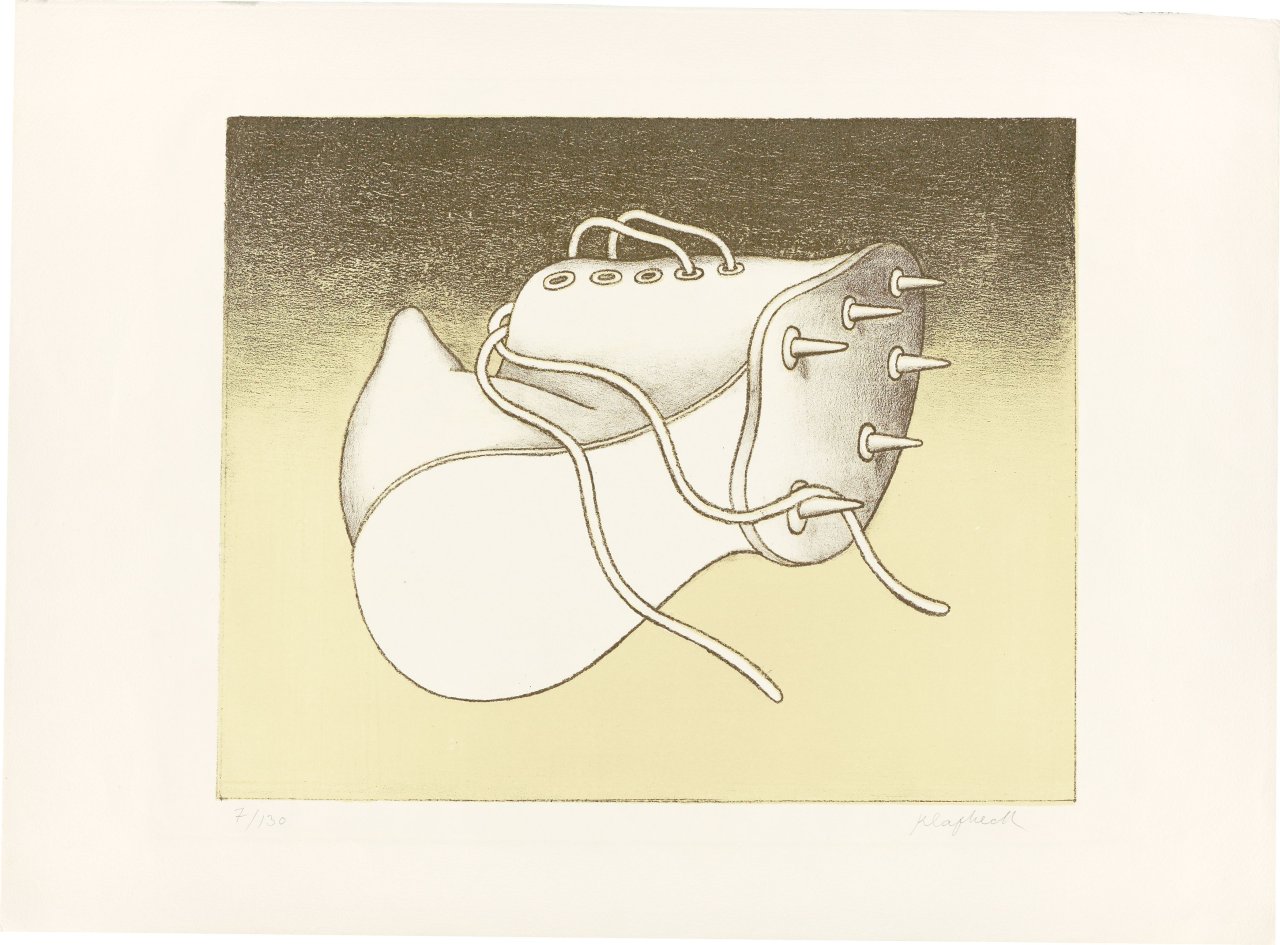 Auf diesem Bild ist das folgende Kunstwerk zu sehen: Konrad Klapheck. „Die Pleite (Der Sportschuh)“. 1968.