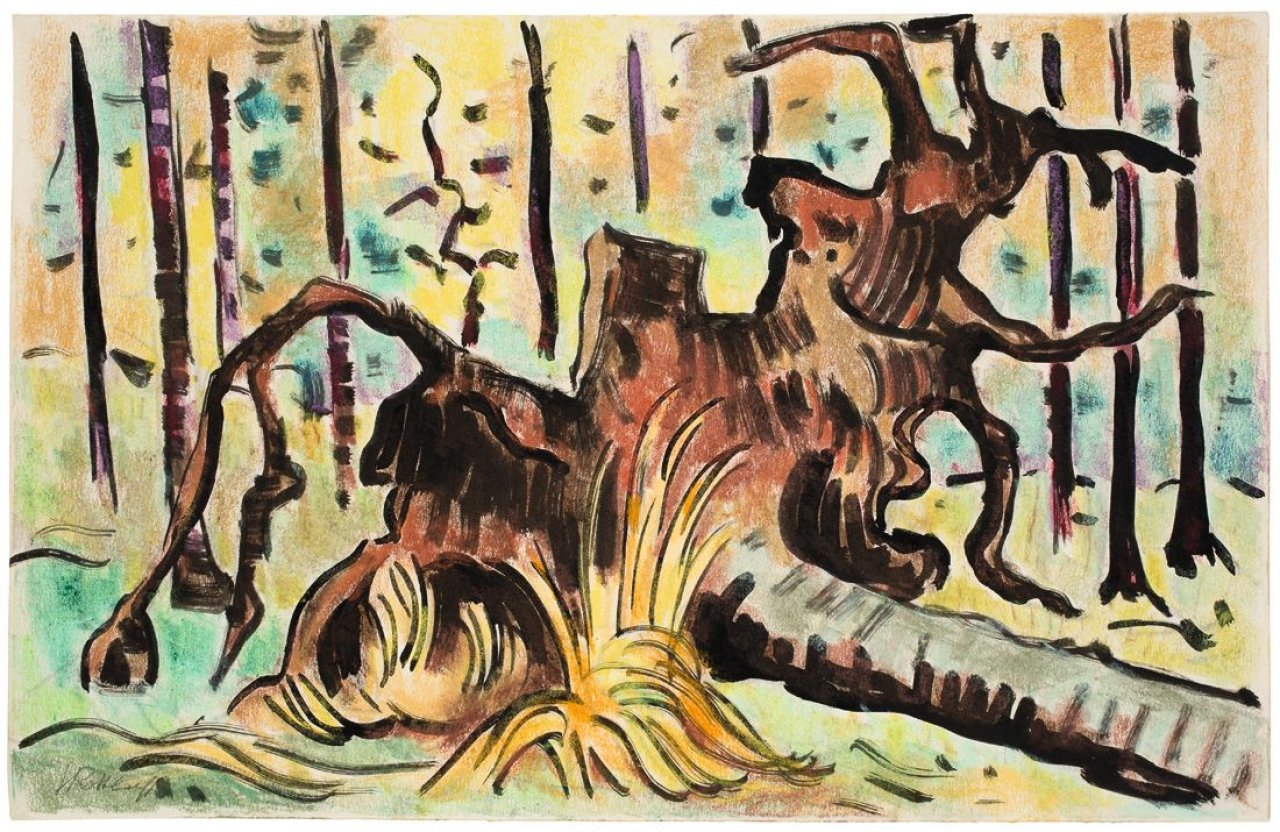 Auf diesem Bild ist das folgende Kunstwerk zu sehen: Karl Schmidt-Rottluff. Waldlandschaft mit Wurzel.