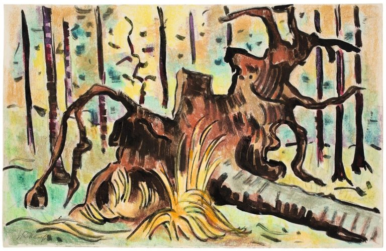 Auf diesem Bild ist das folgende Kunstwerk zu sehen: Karl Schmidt-Rottluff. Waldlandschaft mit Wurzel.