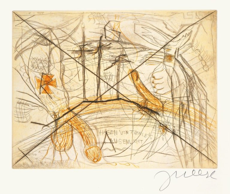 Auf diesem Bild ist das folgende Kunstwerk zu sehen: Jonathan Meese. „Zwei Schwänze für ein Halleluja (Django IV-II)“ / „Die Exe Schrympylei“ / „Der hohlste Kunsthistoriker“ / „Der Junker Toni, Ohni“ / „Don Skeletti im Fettnapf mit 10 Zäpfchen“ / „Colonel Iverson“. 2006/07.