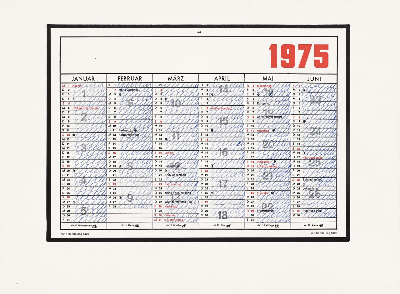 Auf diesem Bild ist das folgende Kunstwerk zu sehen: Hanne Darboven. „Aufzeichnung 25.3.1975“ / „Aufzeichnung 3.11.1975“ / „Aufzeichnung 23.4.1976“ / „Kalenderblatt 1975“ / „Kalenderblatt 1975“. 1979.