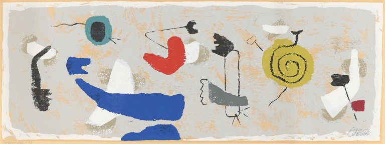 Auf diesem Bild ist das folgende Kunstwerk zu sehen: Willi Baumeister. „Schwebend – Fries mit gelber Spirale“. 1952.