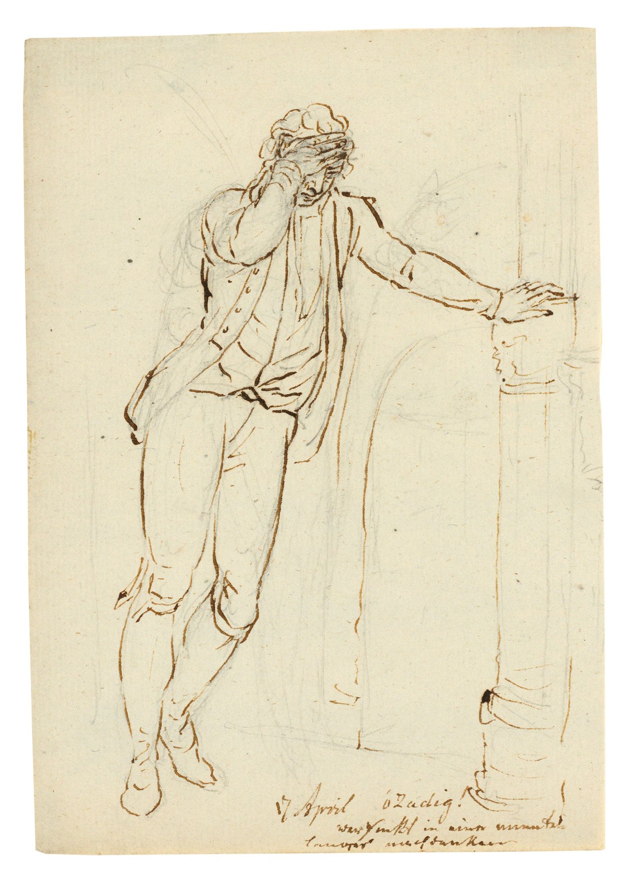 Auf diesem Bild ist das folgende Kunstwerk zu sehen: Ferdinand Kobell. Nachdenklicher Mann, an eine Säule gelehnt. Um 1758.