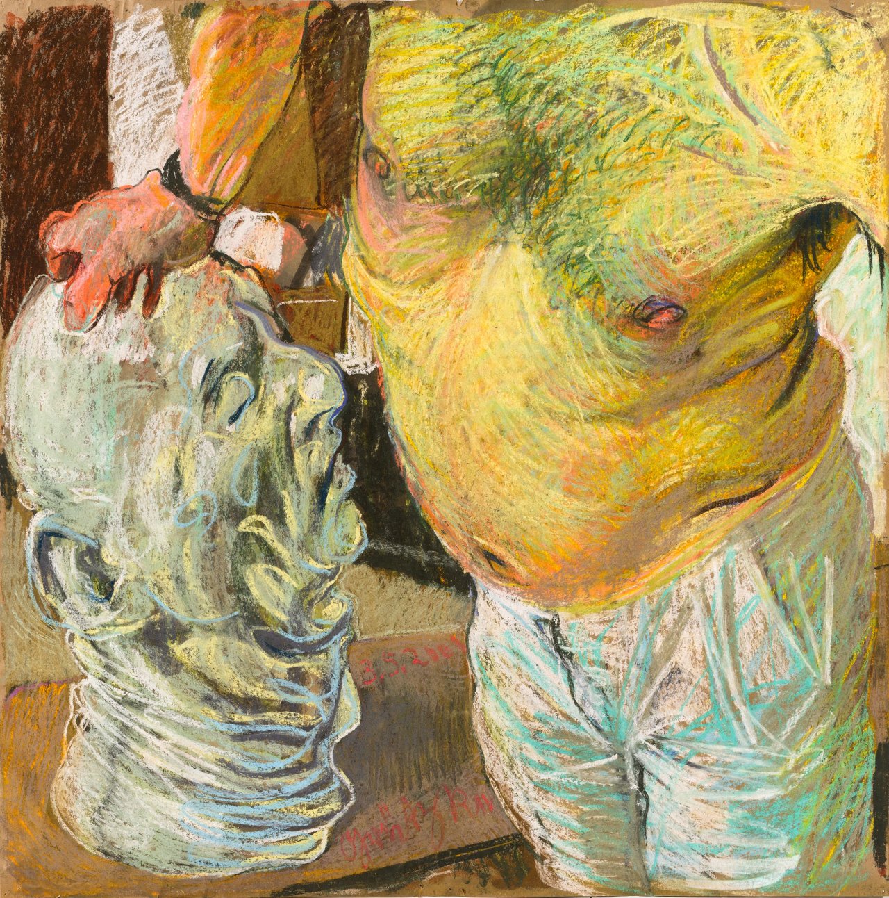This picture shows the following artwork: Johannes Grützke. Naked torso with plaster model. 2001.
