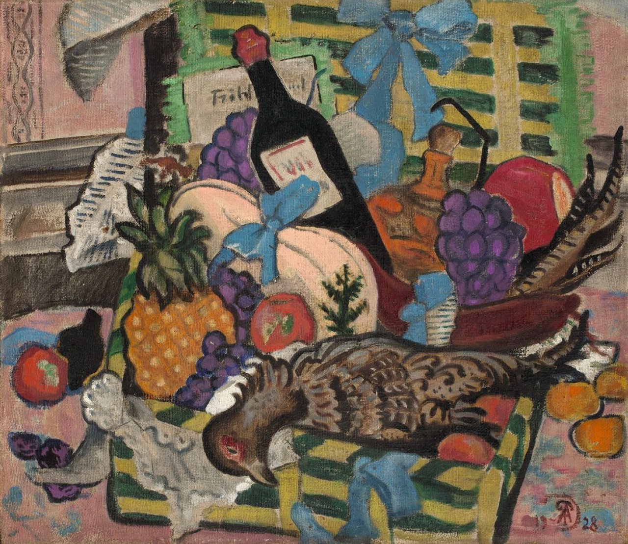 Auf diesem Bild ist das folgende Kunstwerk zu sehen: Alexandra Povòrina. Stilleben mit Fasan, Obst und Wein. 1928.