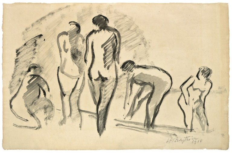 Auf diesem Bild ist das folgende Kunstwerk zu sehen: Max Pechstein. Fünf weibliche Akte. 1910.