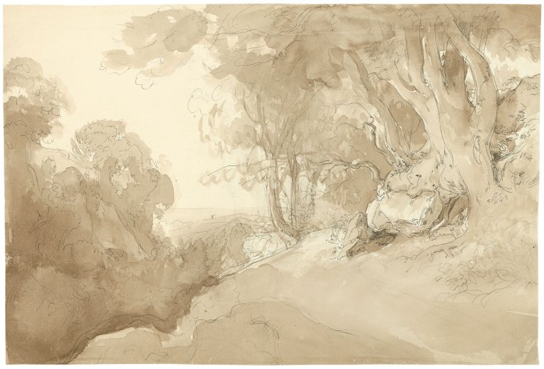 Auf diesem Bild ist das folgende Kunstwerk zu sehen: Ernst Fries. Waldweg am Berghang.
