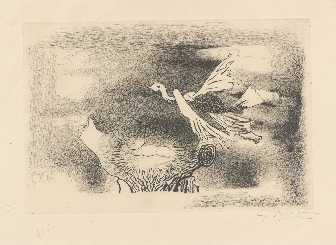 Auf diesem Bild ist das folgende Kunstwerk zu sehen: Georges Braque. „Le nid (oiseau IX)“. 1955.