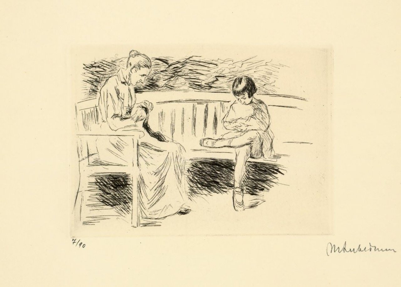 Auf diesem Bild ist das folgende Kunstwerk zu sehen: Max Liebermann. „Wärterin mit Kind auf einer Gartenbank“. 1923.