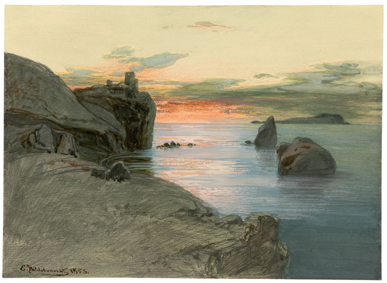 Auf diesem Bild ist das folgende Kunstwerk zu sehen: Eduard Hildebrandt. Felsige Küste im Abendrot. Um 1853/55.