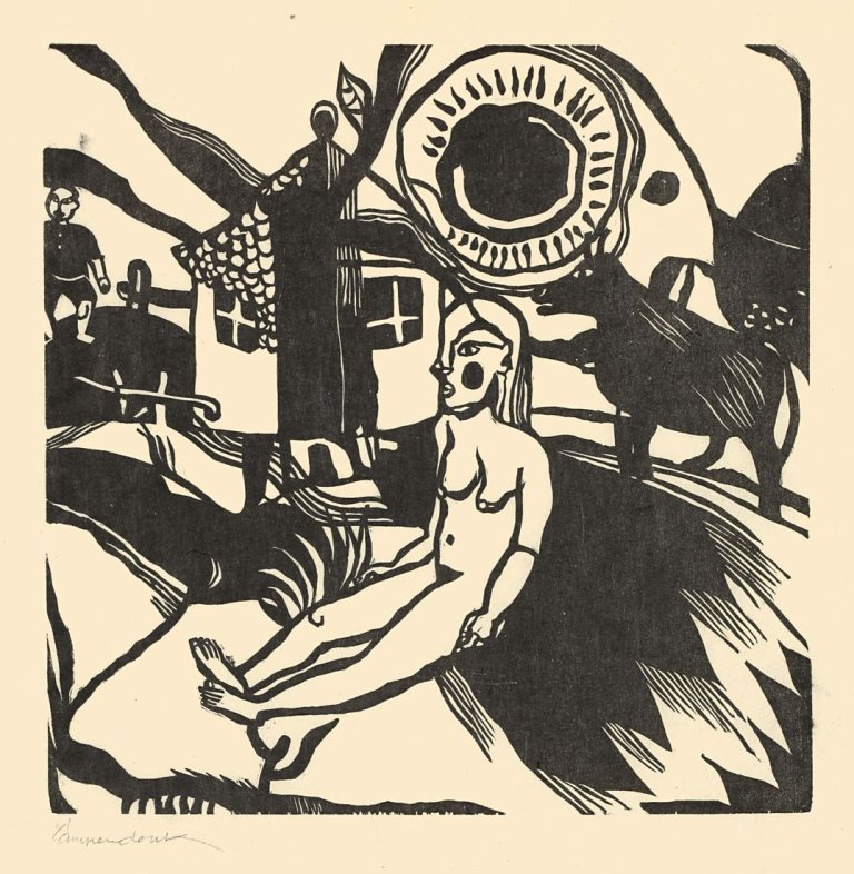 Auf diesem Bild ist das folgende Kunstwerk zu sehen: Heinrich Campendonk. „Sitzender weiblicher Akt in Landschaft mit Bauernhaus“. 1920/21.