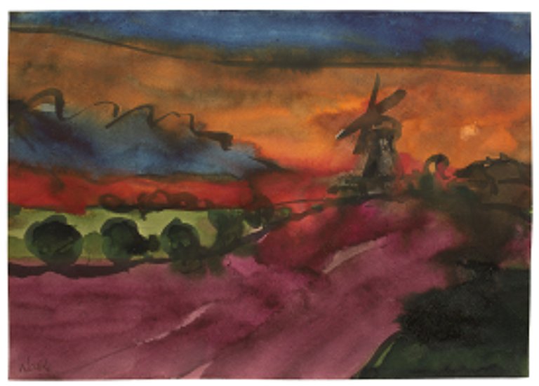 This picture shows the following artwork: Emil Nolde. „Landschaft mit Windmühle“. Circa 1920.