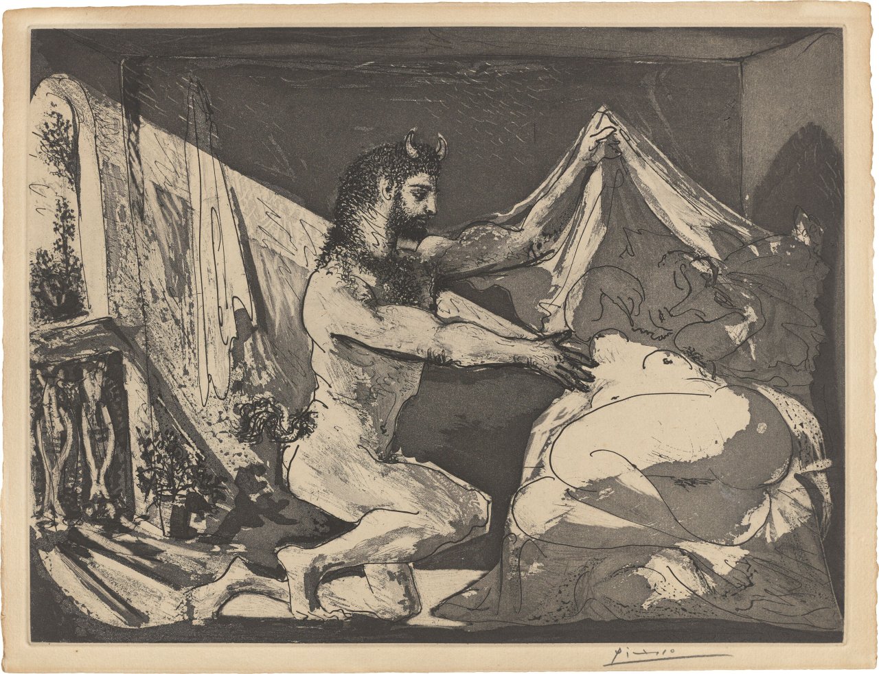 Auf diesem Bild ist das folgende Kunstwerk zu sehen: Pablo Picasso. „Faune dévoilant une dormeuse“. 1936.