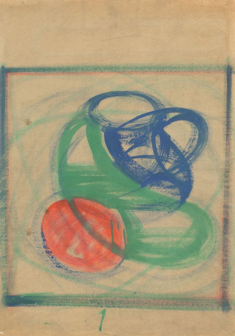 Auf diesem Bild ist das folgende Kunstwerk zu sehen: Hermann Glöckner. Grüne und blaue Formen an roter Kugelform. 1948.