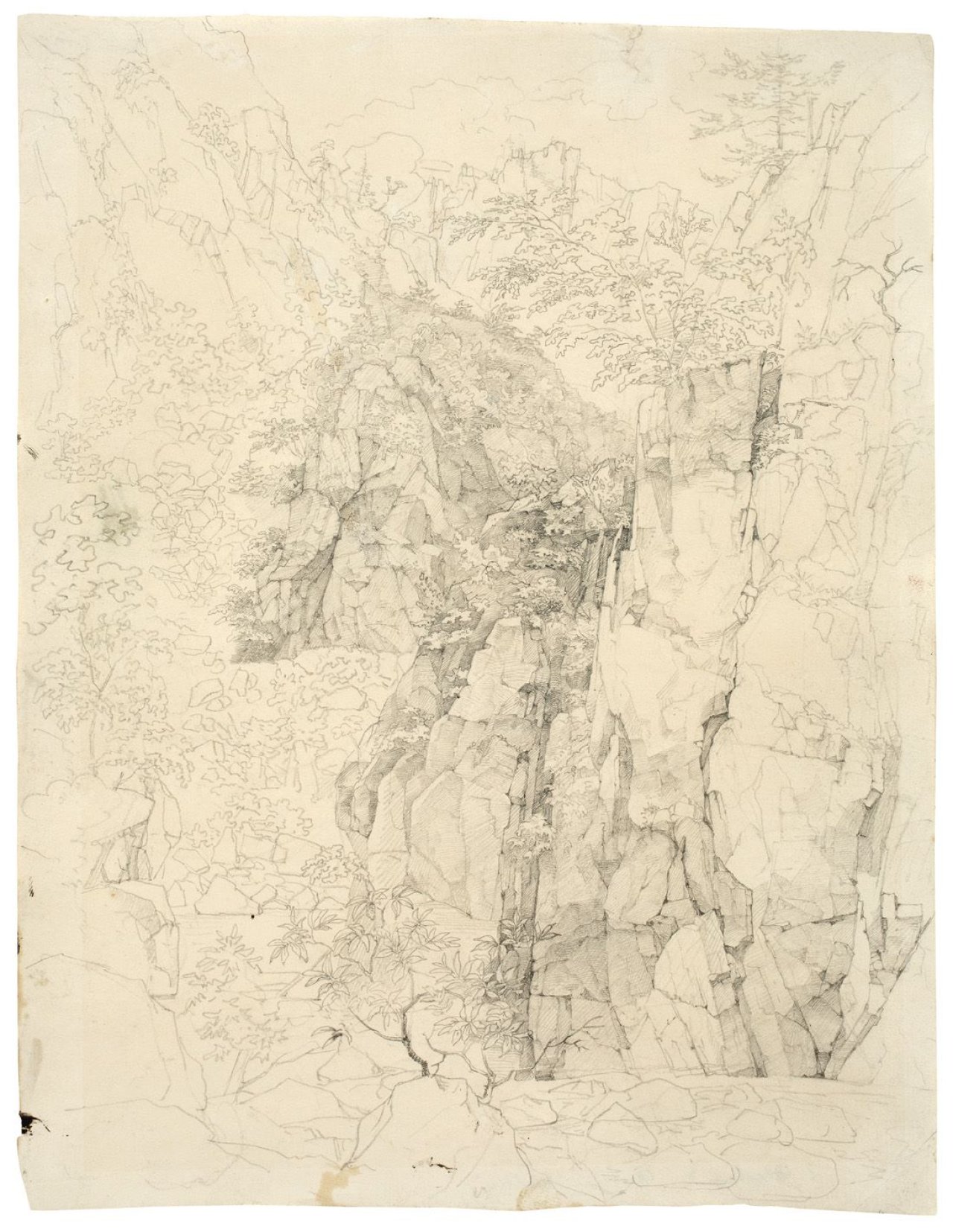 Auf diesem Bild ist das folgende Kunstwerk zu sehen:  Deutsch, um 1820. Felsenschlucht.