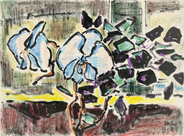 Auf diesem Bild ist das folgende Kunstwerk zu sehen: Karl Schmidt-Rottluff. „Vase mit Zweigen vor Fenster II“. 1968.