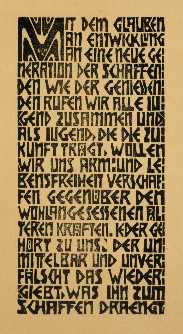 Auf diesem Bild ist das folgende Kunstwerk zu sehen: Ernst Ludwig Kirchner. „Programm der Künstlergruppe Brücke, Text“. 1906.