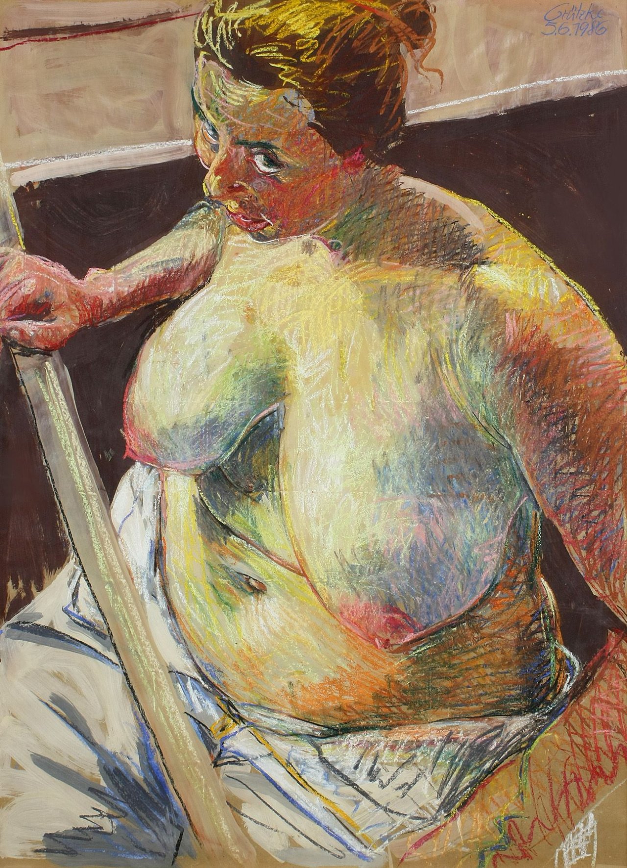 Auf diesem Bild ist das folgende Kunstwerk zu sehen: Johannes Grützke. Halbakt. 1986.