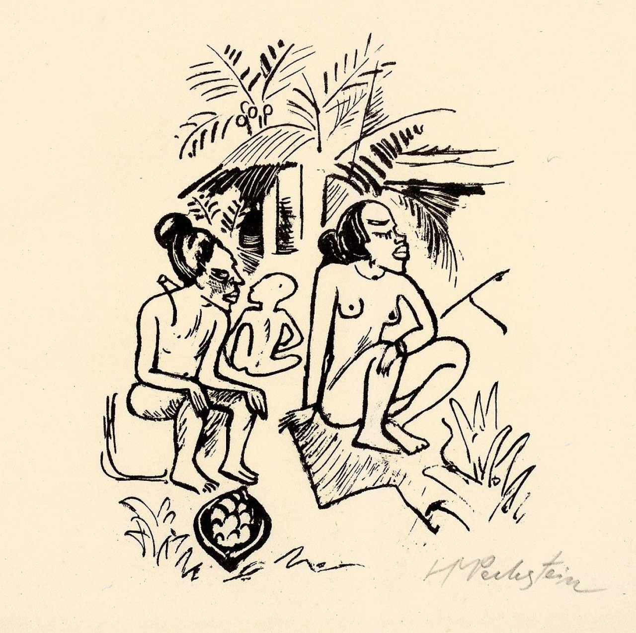 Auf diesem Bild ist das folgende Kunstwerk zu sehen: Max Pechstein. „Südsee. Reisebilder 36 (Palaufamilie)“. 1919.